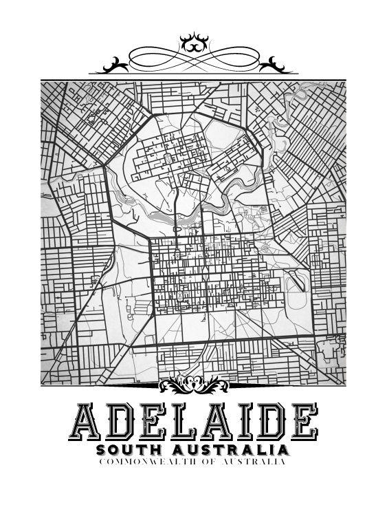 Detailed image of black and white Adelaide, Australia vintage map.
