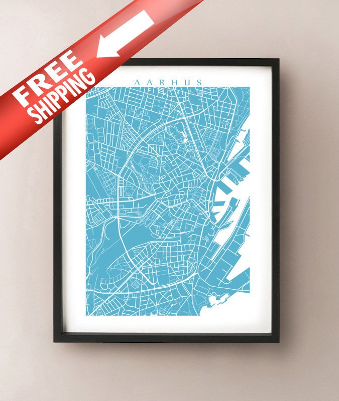Framed image of Aarhus, Denmark map in the colour Caicos Caribbean.